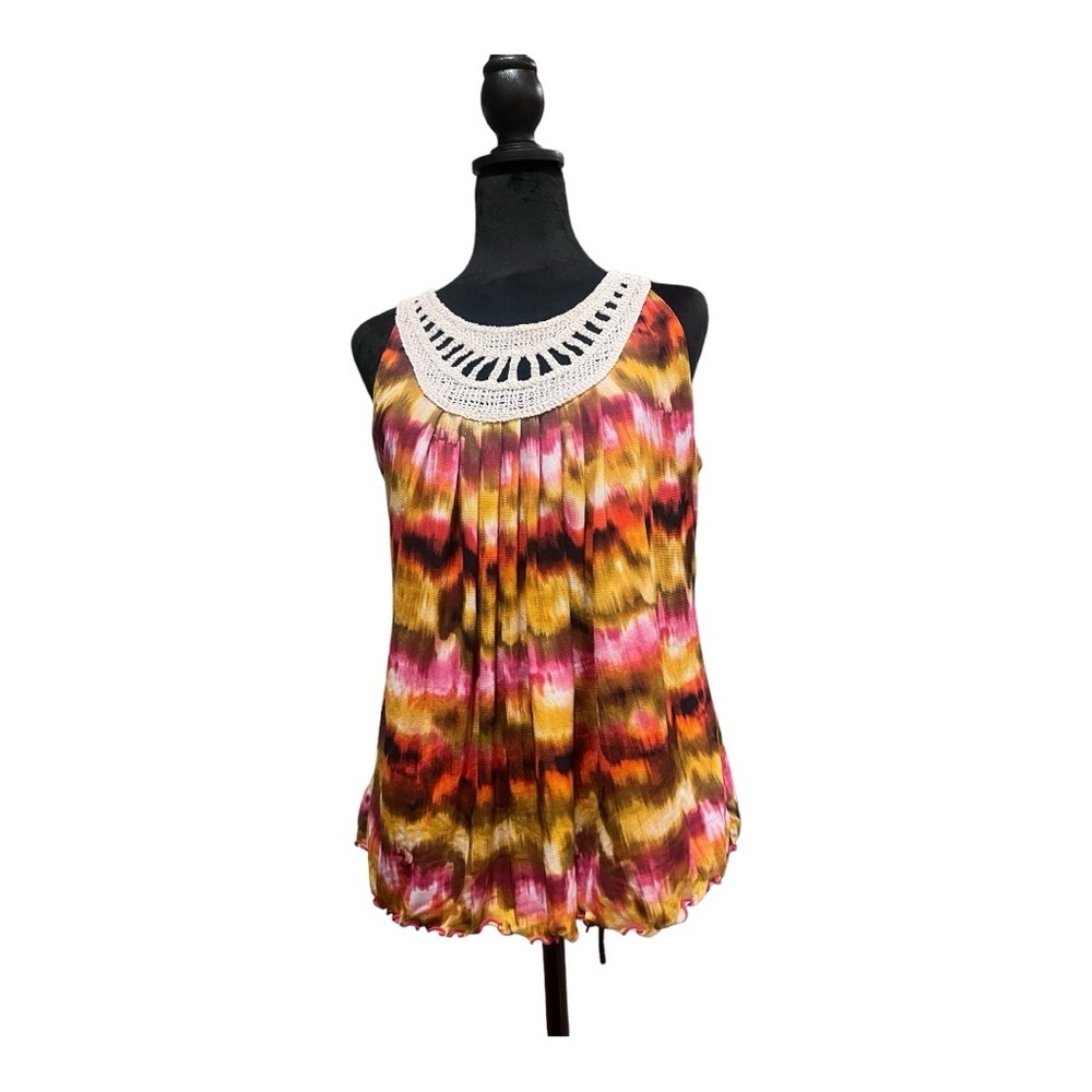 Large Madison brand sunburst sleeveless top with macrame detail at neckline.